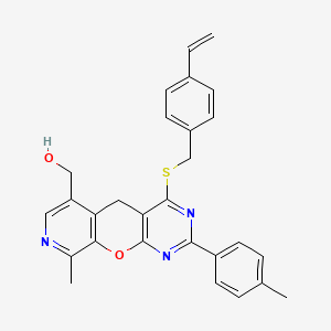 molecular formula C28H25N3O2S B2381335 (7-{[(4-Ethenylphenyl)methyl]sulfanyl}-14-methyl-5-(4-methylphenyl)-2-oxa-4,6,13-triazatricyclo[8.4.0.0^{3,8}]tetradeca-1(10),3(8),4,6,11,13-hexaen-11-yl)methanol CAS No. 892417-13-9