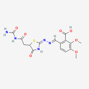 molecular formula C16H17N5O7S B2381356 2,3-dimethoxy-6-((E)-((E)-(4-oxo-5-(2-oxo-2-ureidoethyl)thiazolidin-2-ylidene)hydrazono)methyl)benzoic acid CAS No. 879916-72-0