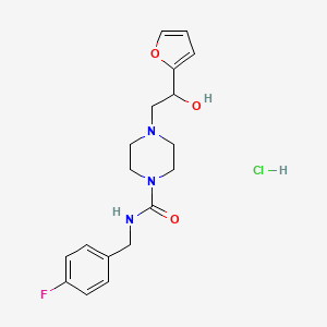molecular formula C18H23ClFN3O3 B2381371 N-(4-fluorobenzyl)-4-(2-(furan-2-yl)-2-hydroxyethyl)piperazine-1-carboxamide hydrochloride CAS No. 1396782-49-2