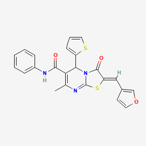 molecular formula C23H17N3O3S2 B2381376 (Z)-2-(furan-3-ylmethylene)-7-methyl-3-oxo-N-phenyl-5-(thiophen-2-yl)-3,5-dihydro-2H-thiazolo[3,2-a]pyrimidine-6-carboxamide CAS No. 512814-71-0