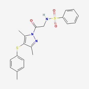 molecular formula C20H21N3O3S2 B2381413 N-(2-(3,5-dimethyl-4-(p-tolylthio)-1H-pyrazol-1-yl)-2-oxoethyl)benzenesulfonamide CAS No. 394226-28-9