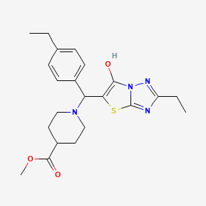 molecular formula C22H28N4O3S B2381430 Methyl 1-((2-ethyl-6-hydroxythiazolo[3,2-b][1,2,4]triazol-5-yl)(4-ethylphenyl)methyl)piperidine-4-carboxylate CAS No. 898345-26-1