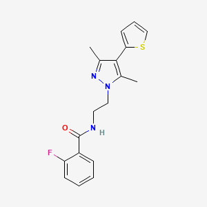 molecular formula C18H18FN3OS B2381432 N-(2-(3,5-二甲基-4-(噻吩-2-基)-1H-吡唑-1-基)乙基)-2-氟苯甲酰胺 CAS No. 2034355-20-7