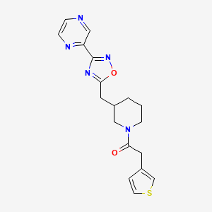 molecular formula C18H19N5O2S B2381438 1-(3-((3-(Pyrazin-2-yl)-1,2,4-oxadiazol-5-yl)methyl)piperidin-1-yl)-2-(thiophen-3-yl)ethanone CAS No. 1705879-15-7