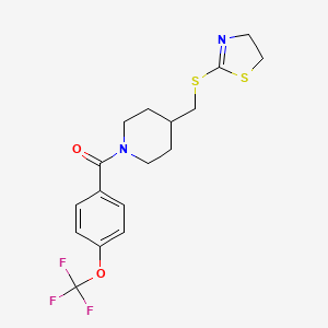molecular formula C17H19F3N2O2S2 B2381444 （4-(((4,5-二氢噻唑-2-基）硫代）甲基）哌啶-1-基）（4-(三氟甲氧基）苯基）甲苯酮 CAS No. 1396875-22-1