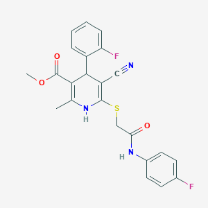 molecular formula C23H19F2N3O3S B2381470 Methyl 5-cyano-4-(2-fluorophenyl)-6-((2-((4-fluorophenyl)amino)-2-oxoethyl)thio)-2-methyl-1,4-dihydropyridine-3-carboxylate CAS No. 442557-57-5