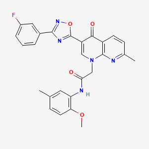 molecular formula C27H22FN5O4 B2381474 2-[3-[3-(3-fluorophenyl)-1,2,4-oxadiazol-5-yl]-7-methyl-4-oxo-1,8-naphthyridin-1-yl]-N-(2-methoxy-5-methylphenyl)acetamide CAS No. 1032001-75-4