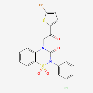 molecular formula C19H12BrClN2O4S2 B2381477 4-(2-(5-bromothiophen-2-yl)-2-oxoethyl)-2-(3-chlorophenyl)-2H-benzo[e][1,2,4]thiadiazin-3(4H)-one 1,1-dioxide CAS No. 896703-41-6