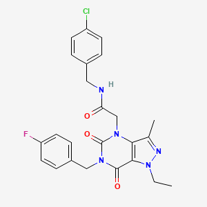 molecular formula C24H23ClFN5O3 B2381500 N-(4-chlorobenzyl)-2-(1-ethyl-6-(4-fluorobenzyl)-3-methyl-5,7-dioxo-6,7-dihydro-1H-pyrazolo[4,3-d]pyrimidin-4(5H)-yl)acetamide CAS No. 1358460-04-4