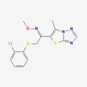 molecular formula C14H13ClN4OS2 B2381501 (E)-{2-[(2-chlorophenyl)sulfanyl]-1-{6-methyl-[1,2,4]triazolo[3,2-b][1,3]thiazol-5-yl}ethylidene}(methoxy)amine CAS No. 866049-38-9