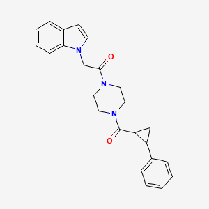 molecular formula C24H25N3O2 B2381510 2-(1H-indol-1-yl)-1-(4-(2-phenylcyclopropanecarbonyl)piperazin-1-yl)ethanone CAS No. 1210436-77-3