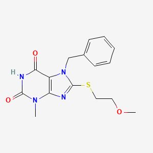 molecular formula C16H18N4O3S B2381539 7-benzyl-8-((2-methoxyethyl)thio)-3-methyl-1H-purine-2,6(3H,7H)-dione CAS No. 500198-82-3
