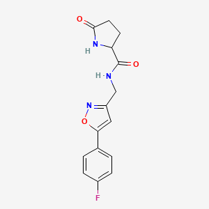 molecular formula C15H14FN3O3 B2381553 N-((5-(4-fluorophenyl)isoxazol-3-yl)methyl)-5-oxopyrrolidine-2-carboxamide CAS No. 1236272-64-2