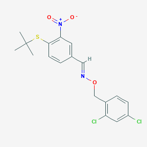 molecular formula C18H18Cl2N2O3S B2381608 4-(tert-butylsulfanyl)-3-nitrobenzenecarbaldehyde O-(2,4-dichlorobenzyl)oxime CAS No. 303996-34-1