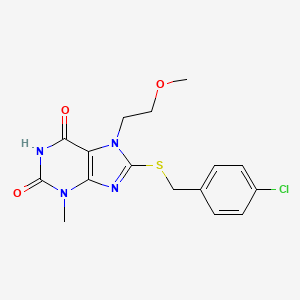molecular formula C16H17ClN4O3S B2381638 8-((4-chlorobenzyl)thio)-7-(2-methoxyethyl)-3-methyl-1H-purine-2,6(3H,7H)-dione CAS No. 313470-50-7