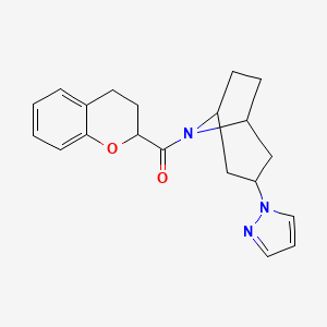 molecular formula C20H23N3O2 B2381644 ((1R,5S)-3-(1H-pyrazol-1-yl)-8-azabicyclo[3.2.1]octan-8-yl)(chroman-2-yl)methanone CAS No. 2309314-91-6