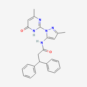 molecular formula C24H23N5O2 B2381646 N-[5-Methyl-2-(4-methyl-6-oxo-1H-pyrimidin-2-yl)pyrazol-3-yl]-3,3-diphenylpropanamide CAS No. 1004154-59-9