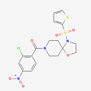 molecular formula C18H18ClN3O6S2 B2381654 (2-氯-4-硝基苯基)(4-(噻吩-2-基磺酰基)-1-氧杂-4,8-二氮杂螺[4.5]癸-8-基)甲苯酮 CAS No. 903306-14-9