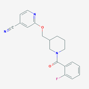 molecular formula C19H18FN3O2 B2381681 2-[[1-(2-Fluorobenzoyl)piperidin-3-yl]methoxy]pyridine-4-carbonitrile CAS No. 2379971-55-6