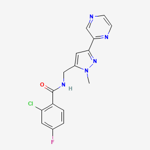 molecular formula C16H13ClFN5O B2381744 2-chloro-4-fluoro-N-((1-methyl-3-(pyrazin-2-yl)-1H-pyrazol-5-yl)methyl)benzamide CAS No. 2034456-79-4