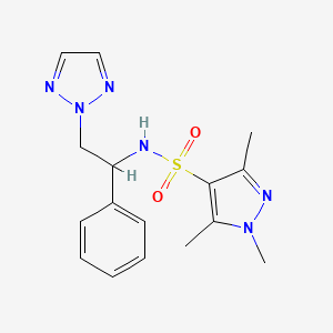 molecular formula C16H20N6O2S B2381810 1,3,5-trimethyl-N-(1-phenyl-2-(2H-1,2,3-triazol-2-yl)ethyl)-1H-pyrazole-4-sulfonamide CAS No. 2310127-27-4