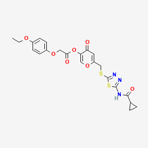 molecular formula C22H21N3O7S2 B2381818 6-(((5-(环丙烷甲酰胺)-1,3,4-噻二唑-2-基)硫代)甲基)-4-氧代-4H-吡喃-3-基 2-(4-乙氧基苯氧基)乙酸酯 CAS No. 896009-21-5