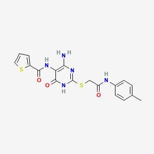 molecular formula C18H17N5O3S2 B2381819 N-(4-amino-6-oxo-2-((2-oxo-2-(p-tolylamino)ethyl)thio)-1,6-dihydropyrimidin-5-yl)thiophene-2-carboxamide CAS No. 868225-42-7