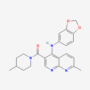 molecular formula C23H24N4O3 B2381893 (4-(Benzo[d][1,3]dioxol-5-ylamino)-7-methyl-1,8-naphthyridin-3-yl)(4-methylpiperidin-1-yl)methanone CAS No. 1251565-33-9