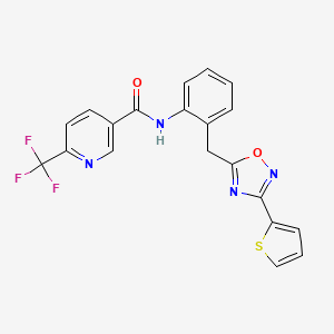 molecular formula C20H13F3N4O2S B2381895 N-(2-((3-(thiophen-2-yl)-1,2,4-oxadiazol-5-yl)methyl)phenyl)-6-(trifluoromethyl)nicotinamide CAS No. 1705524-15-7