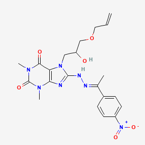 molecular formula C21H25N7O6 B2381896 (E)-7-(3-(allyloxy)-2-hydroxypropyl)-1,3-dimethyl-8-(2-(1-(4-nitrophenyl)ethylidene)hydrazinyl)-1H-purine-2,6(3H,7H)-dione CAS No. 899357-93-8