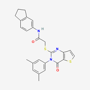 molecular formula C25H23N3O2S2 B2381898 N-(2,3-dihydro-1H-inden-5-yl)-2-{[3-(3,5-dimethylphenyl)-4-oxo-3,4-dihydrothieno[3,2-d]pyrimidin-2-yl]sulfanyl}acetamide CAS No. 1261007-51-5