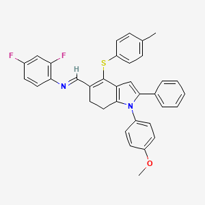 N-(2,4-difluorophenyl)-N-((E)-{1-(4-methoxyphenyl)-4-[(4-methylphenyl)sulfanyl]-2-phenyl-6,7-dihydro-1H-indol-5-yl}methylidene)amine