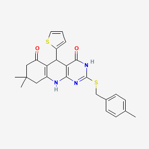 molecular formula C25H25N3O2S2 B2381940 8,8-dimethyl-2-[(4-methylbenzyl)sulfanyl]-5-(thiophen-2-yl)-5,8,9,10-tetrahydropyrimido[4,5-b]quinoline-4,6(3H,7H)-dione CAS No. 627049-70-1