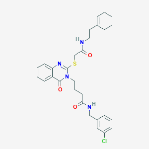 molecular formula C29H33ClN4O3S B2381983 N-[(3-chlorophenyl)methyl]-4-[2-[2-[2-(cyclohexen-1-yl)ethylamino]-2-oxoethyl]sulfanyl-4-oxoquinazolin-3-yl]butanamide CAS No. 422282-36-8