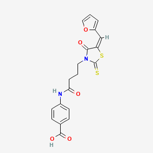 molecular formula C19H16N2O5S2 B2381992 (E)-4-(4-(5-(呋喃-2-基亚甲基)-4-氧代-2-硫代噻唑烷-3-基)丁酰胺)苯甲酸 CAS No. 637318-98-0