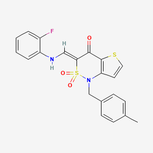 molecular formula C21H17FN2O3S2 B2382089 (3Z)-3-{[(2-fluorophenyl)amino]methylene}-1-(4-methylbenzyl)-1H-thieno[3,2-c][1,2]thiazin-4(3H)-one 2,2-dioxide CAS No. 894673-71-3
