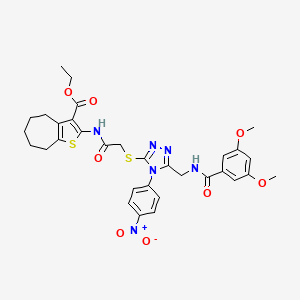 molecular formula C32H34N6O8S2 B2382173 ethyl 2-(2-((5-((3,5-dimethoxybenzamido)methyl)-4-(4-nitrophenyl)-4H-1,2,4-triazol-3-yl)thio)acetamido)-5,6,7,8-tetrahydro-4H-cyclohepta[b]thiophene-3-carboxylate CAS No. 393851-02-0