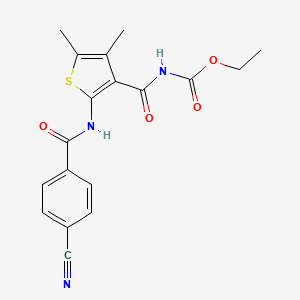 molecular formula C18H17N3O4S B2382174 Ethyl (2-(4-cyanobenzamido)-4,5-dimethylthiophene-3-carbonyl)carbamate CAS No. 896314-03-7