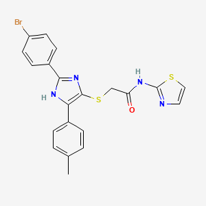 molecular formula C21H17BrN4OS2 B2382222 2-((2-(4-bromophenyl)-5-(p-tolyl)-1H-imidazol-4-yl)thio)-N-(thiazol-2-yl)acetamide CAS No. 901258-83-1