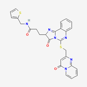 molecular formula C27H22N6O3S2 B2382273 3-[3-oxo-5-[(4-oxopyrido[1,2-a]pyrimidin-2-yl)methylsulfanyl]-2H-imidazo[1,2-c]quinazolin-2-yl]-N-(thiophen-2-ylmethyl)propanamide CAS No. 1040916-99-1