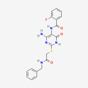 molecular formula C20H18FN5O3S B2382304 N-(4-amino-2-((2-(benzylamino)-2-oxoethyl)thio)-6-oxo-1,6-dihydropyrimidin-5-yl)-2-fluorobenzamide CAS No. 872597-25-6