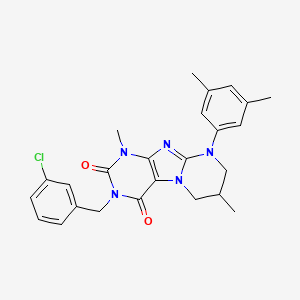 molecular formula C25H26ClN5O2 B2382354 3-(3-chlorobenzyl)-9-(3,5-dimethylphenyl)-1,7-dimethyl-6,7,8,9-tetrahydropyrimido[2,1-f]purine-2,4(1H,3H)-dione CAS No. 844652-82-0