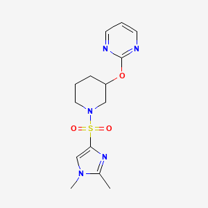 molecular formula C14H19N5O3S B2382373 2-((1-((1,2-二甲基-1H-咪唑-4-基)磺酰基)哌啶-3-基)氧基)嘧啶 CAS No. 2034527-59-6