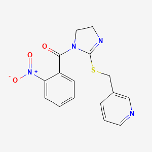 molecular formula C16H14N4O3S B2382375 (2-nitrophenyl)(2-((pyridin-3-ylmethyl)thio)-4,5-dihydro-1H-imidazol-1-yl)methanone CAS No. 851807-68-6