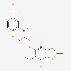molecular formula C18H17ClF3N3O2S2 B2382377 N-(2-chloro-5-(trifluoromethyl)phenyl)-2-((3-ethyl-6-methyl-4-oxo-3,4,6,7-tetrahydrothieno[3,2-d]pyrimidin-2-yl)thio)acetamide CAS No. 851409-28-4