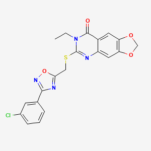 molecular formula C20H15ClN4O4S B2382380 6-(((3-(3-chlorophenyl)-1,2,4-oxadiazol-5-yl)methyl)thio)-7-ethyl-[1,3]dioxolo[4,5-g]quinazolin-8(7H)-one CAS No. 1031981-09-5