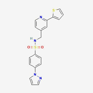 molecular formula C19H16N4O2S2 B2382561 4-(1H-pyrazol-1-yl)-N-((2-(thiophen-2-yl)pyridin-4-yl)methyl)benzenesulfonamide CAS No. 2034340-70-8