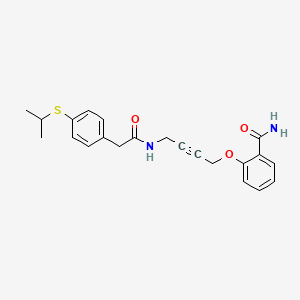 molecular formula C22H24N2O3S B2382570 2-((4-(2-(4-(异丙硫基)苯基)乙酰氨基)丁-2-炔-1-基)氧基)苯甲酰胺 CAS No. 1448027-92-6
