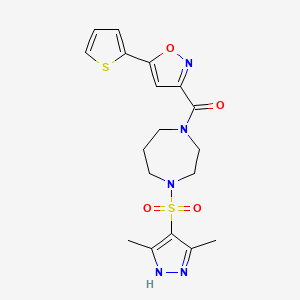 molecular formula C18H21N5O4S2 B2382591 (4-((3,5-二甲基-1H-吡唑-4-基)磺酰基)-1,4-二氮杂环-1-基)(5-(噻吩-2-基)异恶唑-3-基)甲酮 CAS No. 2034200-93-4