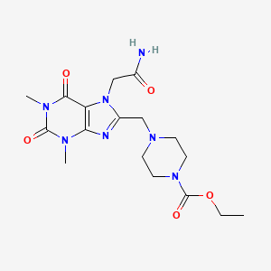 molecular formula C17H25N7O5 B2382603 ethyl 4-{[7-(2-amino-2-oxoethyl)-1,3-dimethyl-2,6-dioxo-2,3,6,7-tetrahydro-1H-purin-8-yl]methyl}piperazine-1-carboxylate CAS No. 851940-85-7